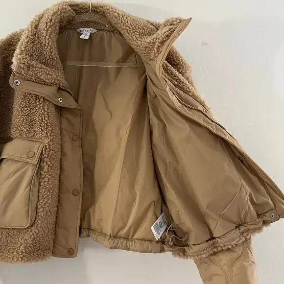 Athleta Fleece Hybrid Jacket Women's Large Tan Neutral Bomber Sherpa Quilted NEW - Picture 6 of 14